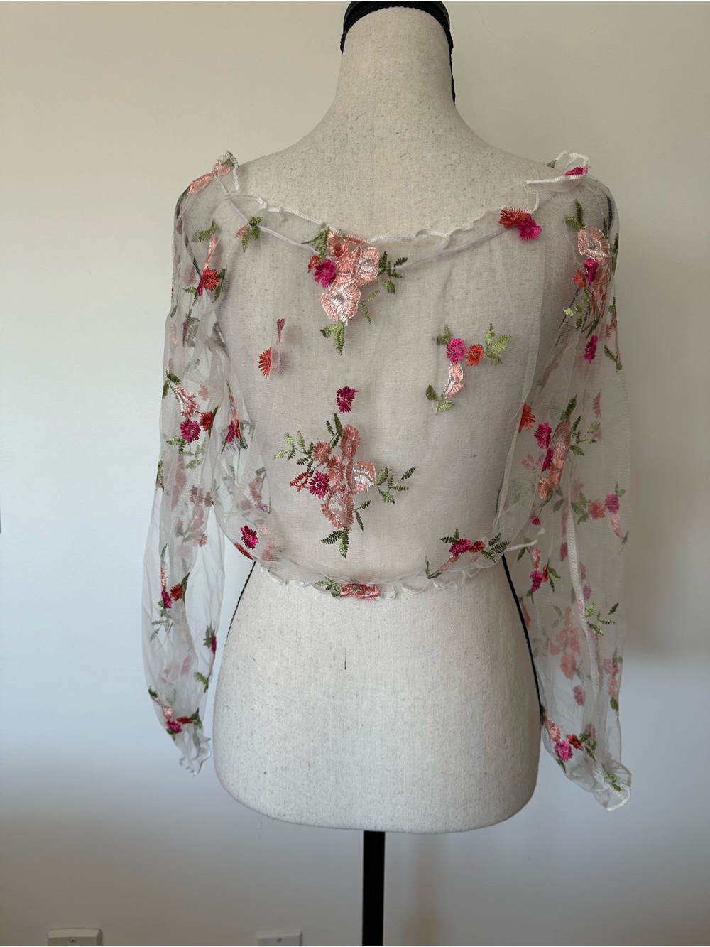 Floral Embroidered Sheer Mesh Off-Shoulder Crop Top Fairycore Cottagecore XL - Picture 6 of 10